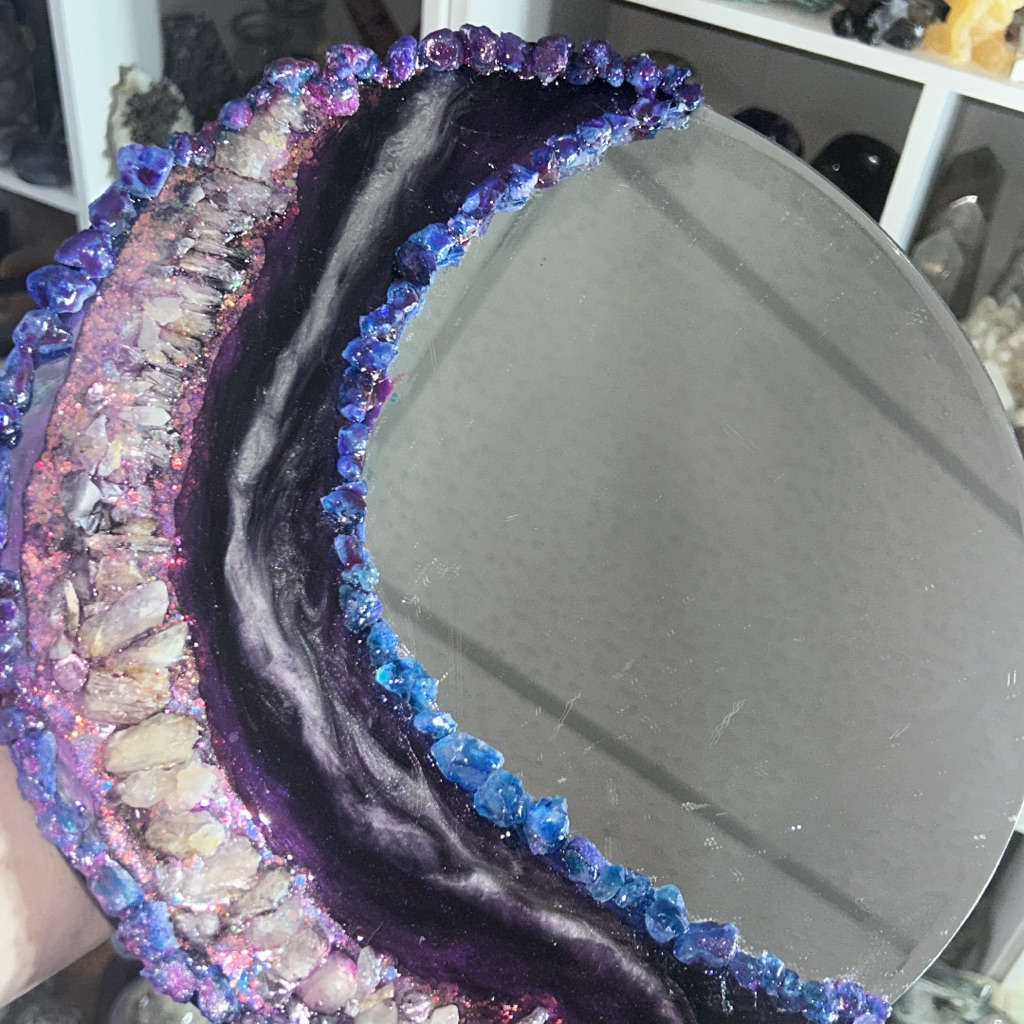 Purple Geode Crescent Mirror With Blue Crystal Edge Handmade